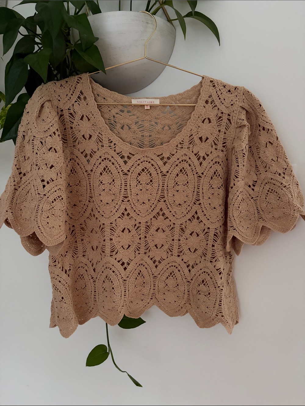 Solitaire Crocheted Tan Blouse - Size Medium
